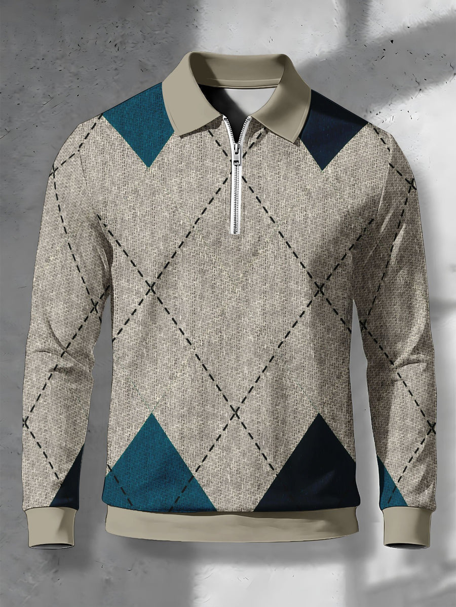 Men's Lapel Half-Zip Polo Shirt, Geometric Vintage Style Casual Polo Top, Suitable for Spring and Autumn Wear, Gift for Boyfriend - Mixed colors