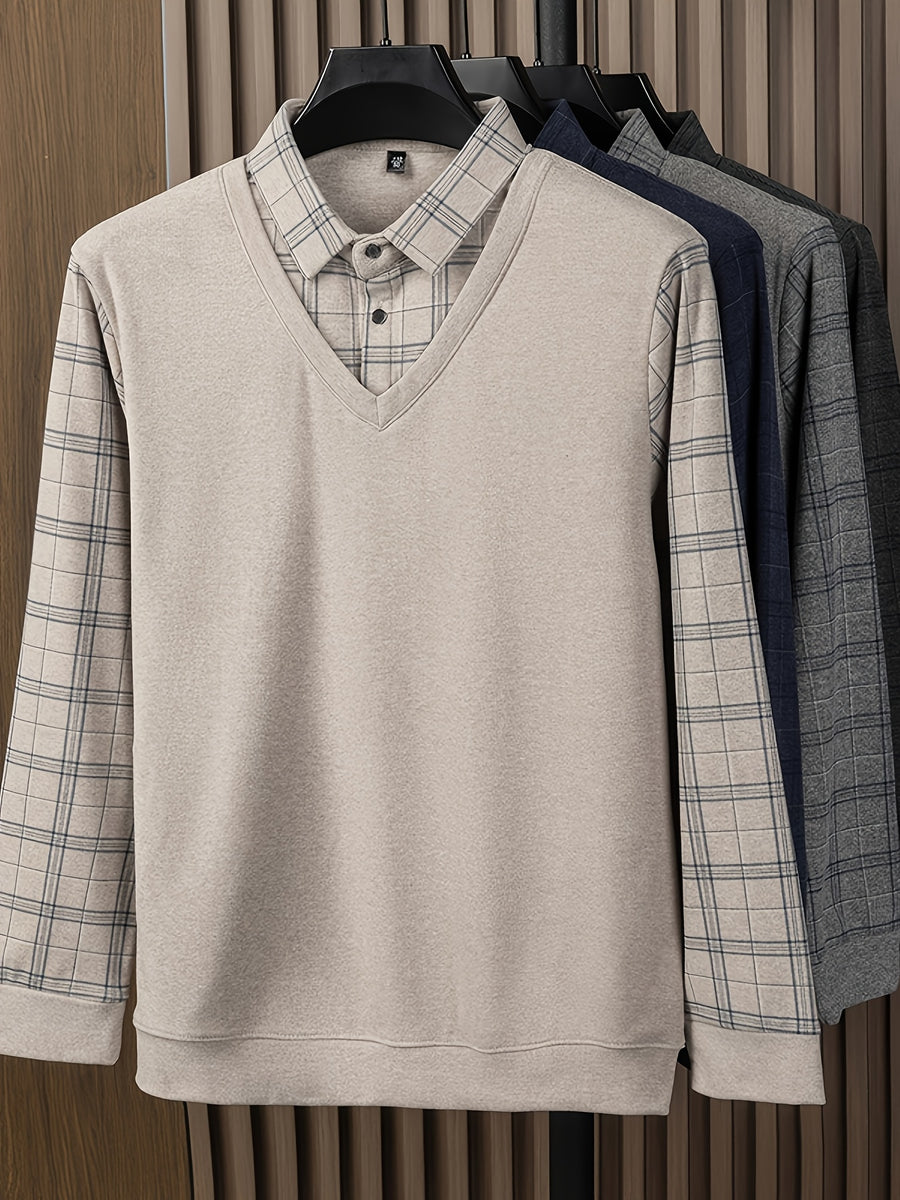 Men's 2-in-1 Look Long Sleeve Polo Shirt, Plaid Shirt Collar Spliced Top, Simple, Elegant, Delicate, and Skin-Friendly, Business Commute, Business Trip, Travel Top, Loose and Casual Men's Clothing for Home and Daily Wear, Available in Multiple Colors - Camel