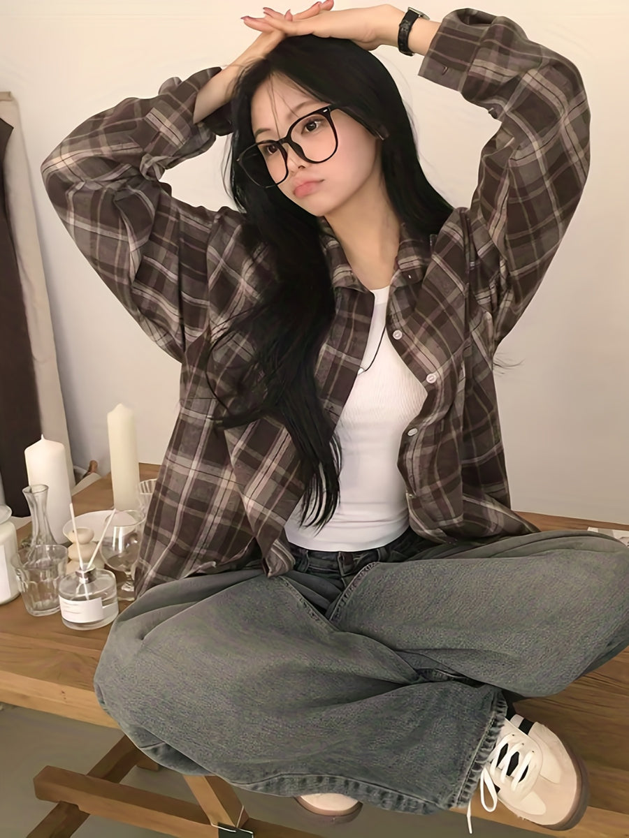 Women'S Shirt Multicolor Brushed Plaid Shirt Loose Top - Coffee Brown