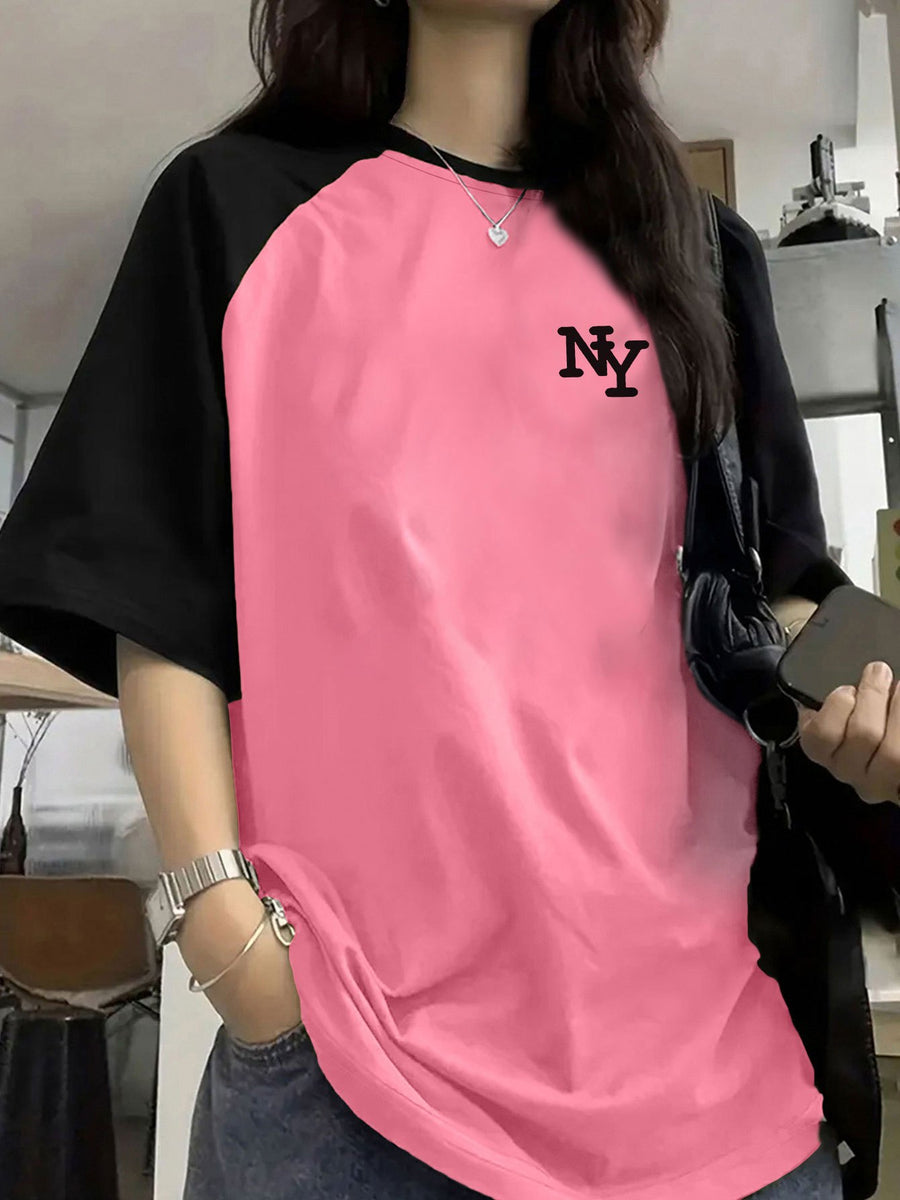 Women'S Color-Block Raglan Sleeve NY Letter Print Pullover Short-Sleeved T-Shirt Summer Design Sense Fashionable Foreign Style Loose Top - Pink