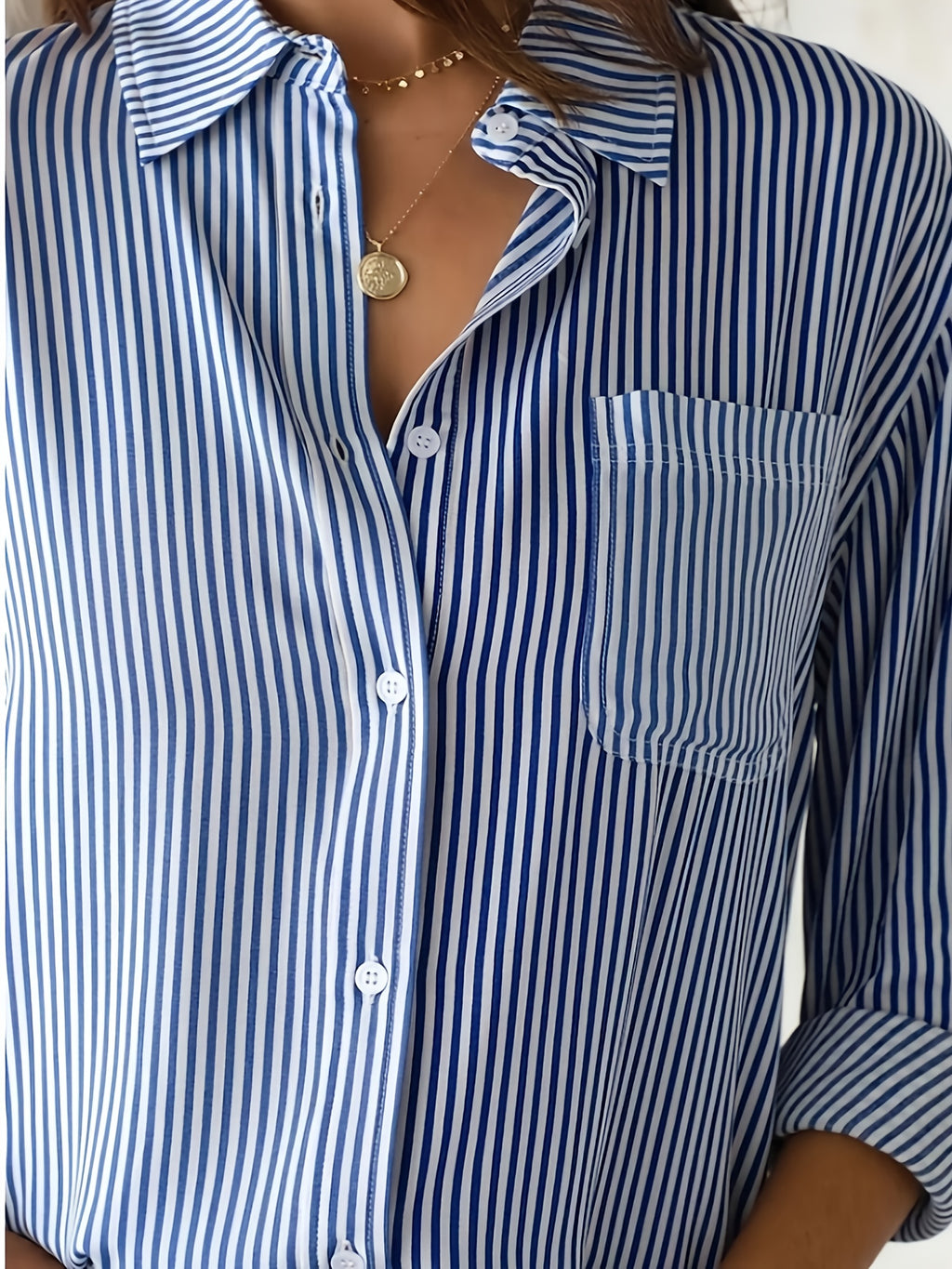 Beautiful Women's Shirt, Casual Striped Top, Long Sleeve Shirt with Collar, Button-Up Print, Regular Fit, Daily Wear for Summer and Spring - Royal Blue
