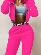 Women's 2pcs Set, Zipper and Hood Autumn/Winter Casual Women's Jacket + Pants, Regular Clothing, Daily Wear, Fashion Apparel, Stylish Swear, Soft Fabric, Comfortable Clothing, Matching Series, Women's Swear, Women's Collection - Dark Pink
