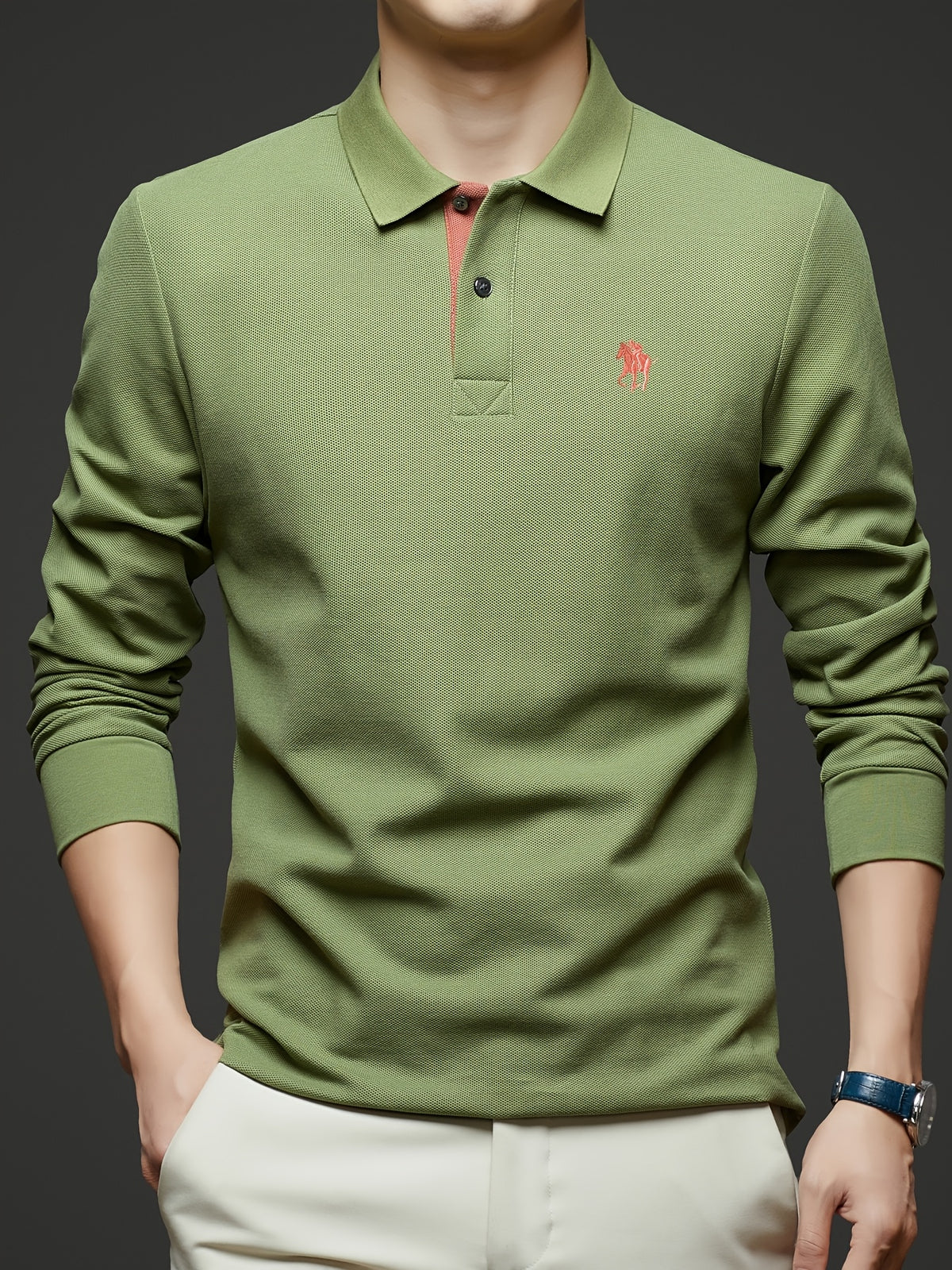[Saa Xing OBM] 1pc Spring/Autumn New Men'S Polo Shirt, Solid Color Embroidered Half-Button Placket Single-Button Polo Collar Long Sleeve Men'S Fashion Versatile Pullover Base Layer Top, Classic Design, Suitable for Spring, Autumn, Wear - Grass Green
