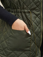 ASD1 Autumn Winter Diamond Quilted Vest Women'S Waist Cincher Drawstring Stand Collar Sleeveless Camisole Thick Warm Casual Outerwear, Western Style New Stand Collar Quilted Vest Women'S Drawstring Waist Pocket Warm Sleeveless Jacket Versatile Top - Olive Green