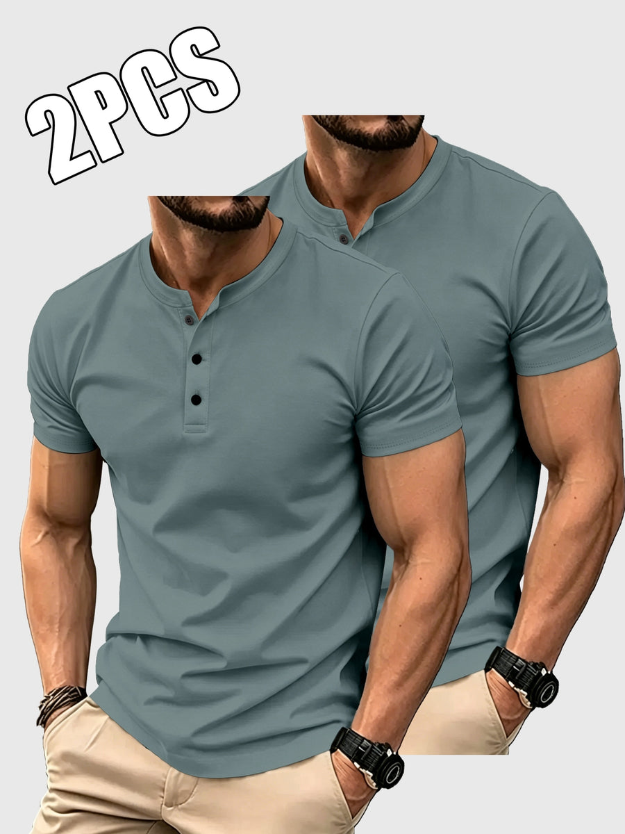 2pcs Set of Men'S Solid Color T-Shirts, Summer Classic Henley Shirts, Suitable for Casual Wear - Grey