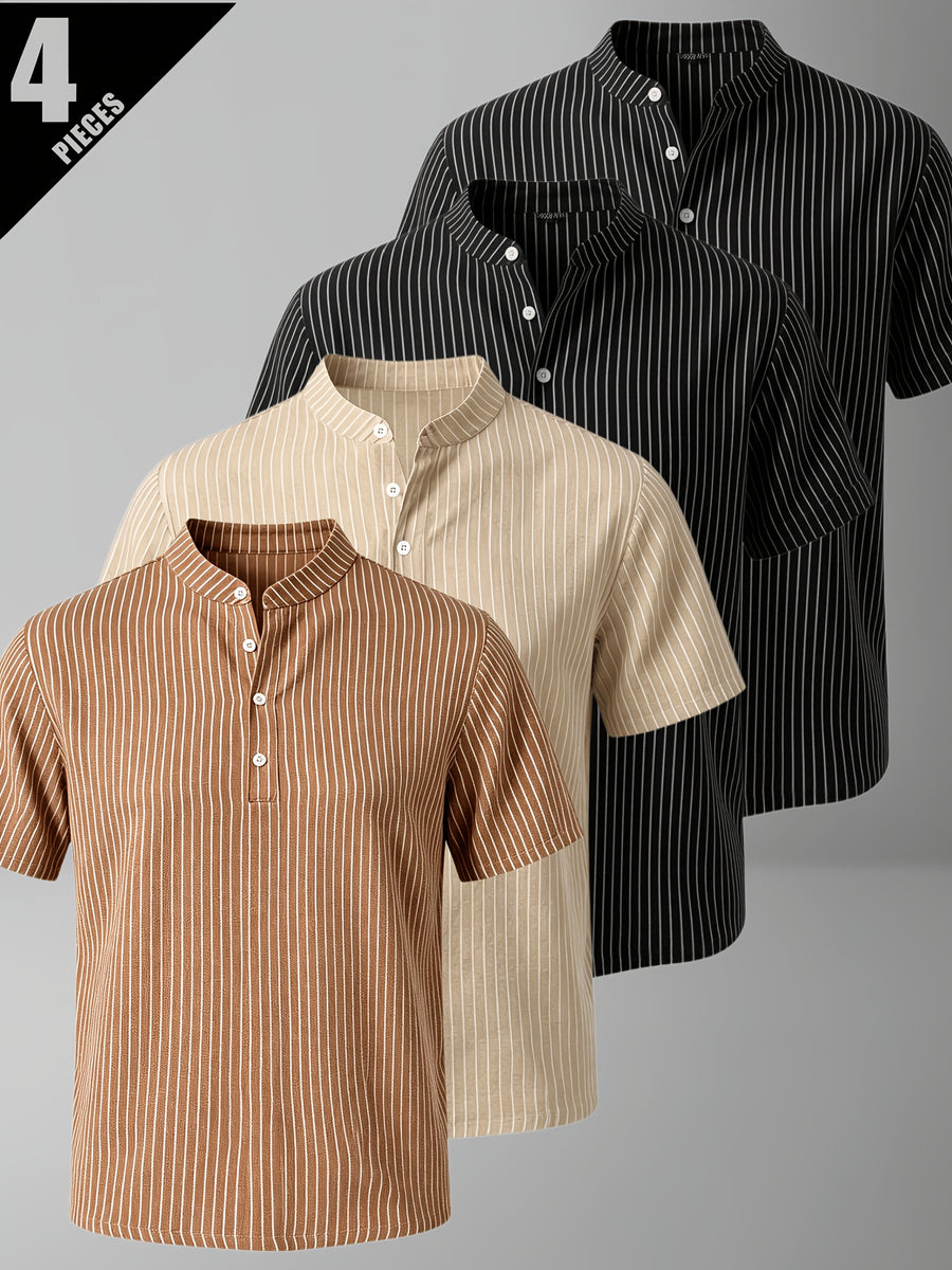 4pcs Men'S Casual Striped Linen Blend Henley Shirts, Breathable Short Sleeve Summer Tops, Suitable for Daily, Beach, And Vacation - Mixed Color 18
