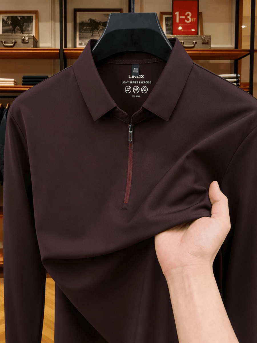 Men'S Thin Loose Zip Collar Lapel Long Sleeve Polo Shirt Skin-Friendly Non-Iron Business Casual Top for Spring Autumn Daily Commute Layering Outfit for Middle-Aged Dad, Suitable for Golf, Fishing, Tennis, Outdoor Sports - Red