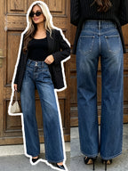 Retro Dark Straight Leg All-Match Casual Long Trousers Body-Hugging Leg-Lengthening Jeans - Deep Blue