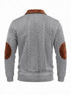 New Men's Autumn/Winter Brushed Ribbed Cable Knit Casual Color-Block Jacquard Long Sleeve Patchwork Plush Sport Henley High-Neck Top - Grey