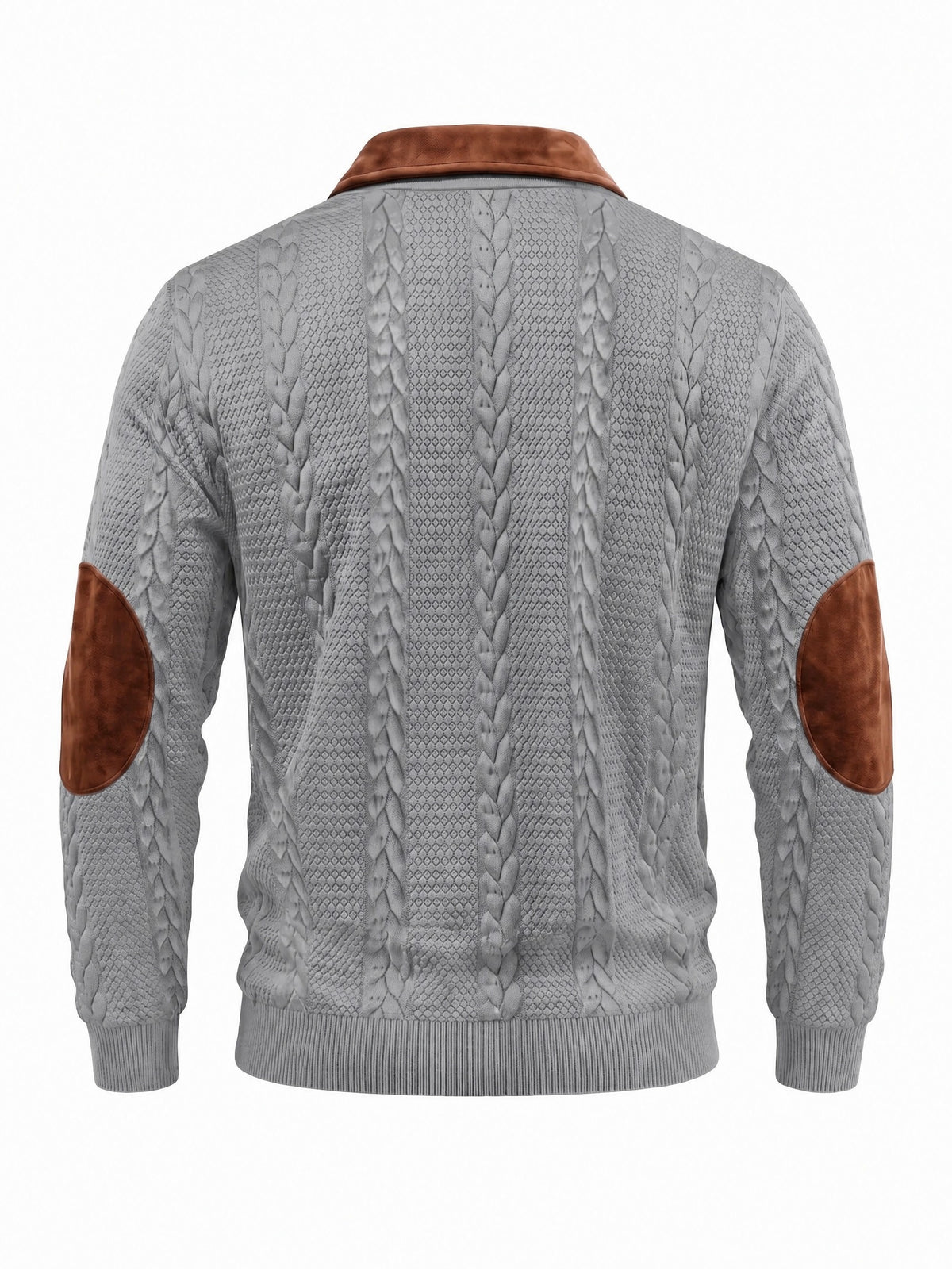 New Men's Autumn/Winter Brushed Ribbed Cable Knit Casual Color-Block Jacquard Long Sleeve Patchwork Plush Sport Henley High-Neck Top - Grey