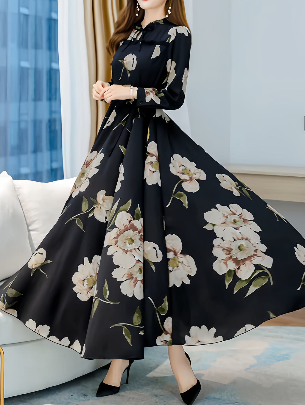 Fortune-Attracting Printed Women's Long-Sleeve Dress - Black