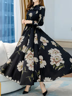Fortune-Attracting Printed Women's Long-Sleeve Dress - Black