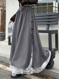 Autumn and Winter Lace Spliced Slit Skirt with Bow, Women's Elastic Waist A-Line Long Skirt - Grey