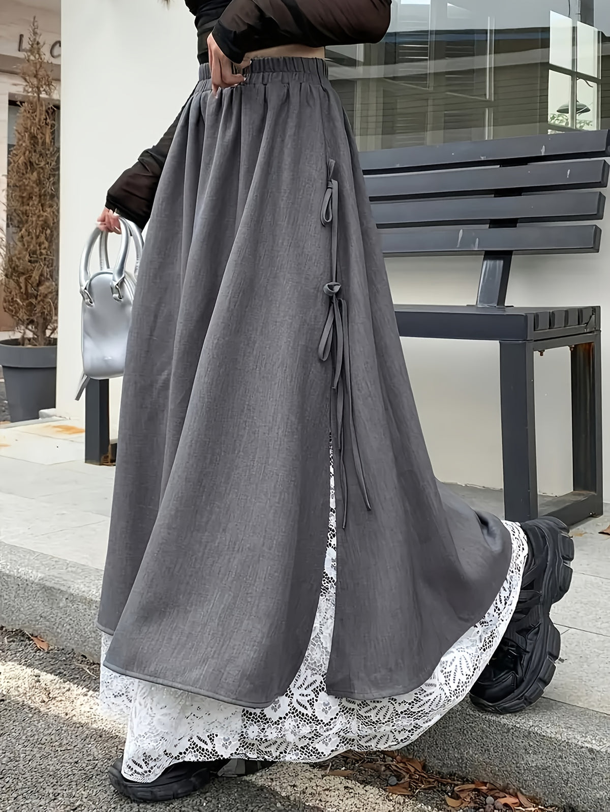 Autumn and Winter Lace Spliced Slit Skirt with Bow, Women's Elastic Waist A-Line Long Skirt - Grey