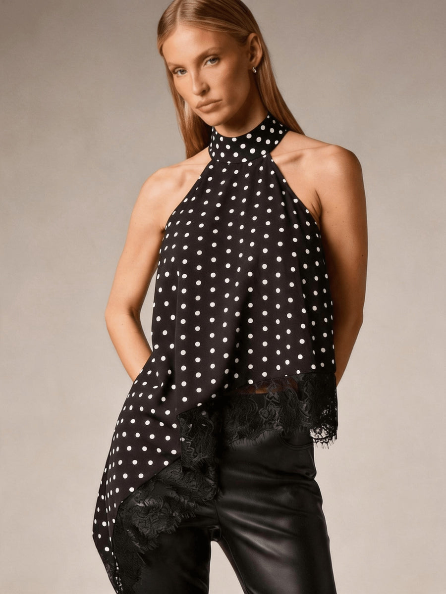 Directional Style Irregular Patchwork Lace Neckline Halter Elegant Temperament Top Halter Vest - Polka Dots