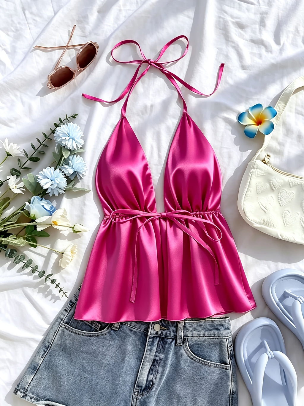 1pc Solid Color Spring Summer Beach Vacation Casual Satin Ruffled Cami Top - Rose Red