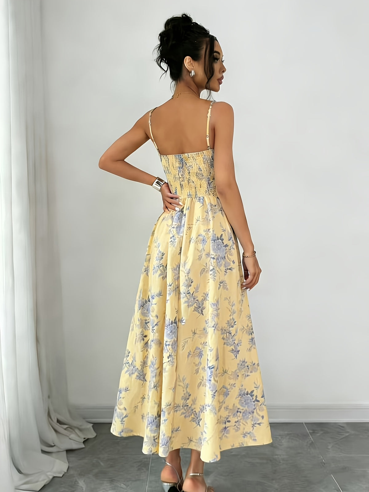 Elegant Printed Bohemian-style High-slit Zipper Dress for Women, Suitable for Weddings, Spring/summer Vacations, and Other Occasions, Elegant and Charming - Yellow