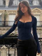 Women's Elegant and Stylish Long-Sleeve Top, Pure Desire Style Lace Trim Square Neckline with Front Bow Tie, Stretchy Slim-Fit Flattering Soft and Skin-Friendly, Lace Square Neckline Crop Top with Exposed Waist, Body-Hugging Fit, for Daily Wear - Navy Color