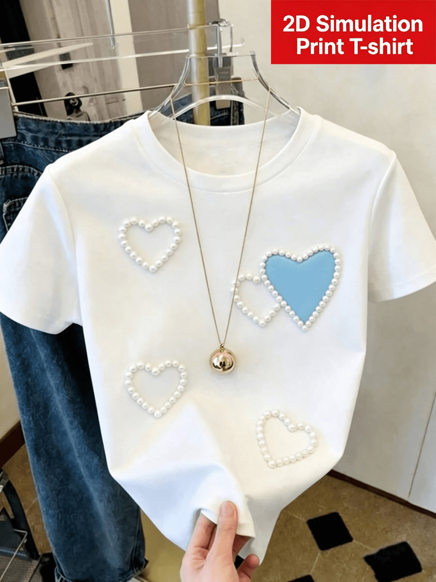 [Printed Design - Not Textured] Women'S White Trendy Coquette Heart Print T-Shirt, Elegant Graphic Design, Soft Casual Daily Top - White 2