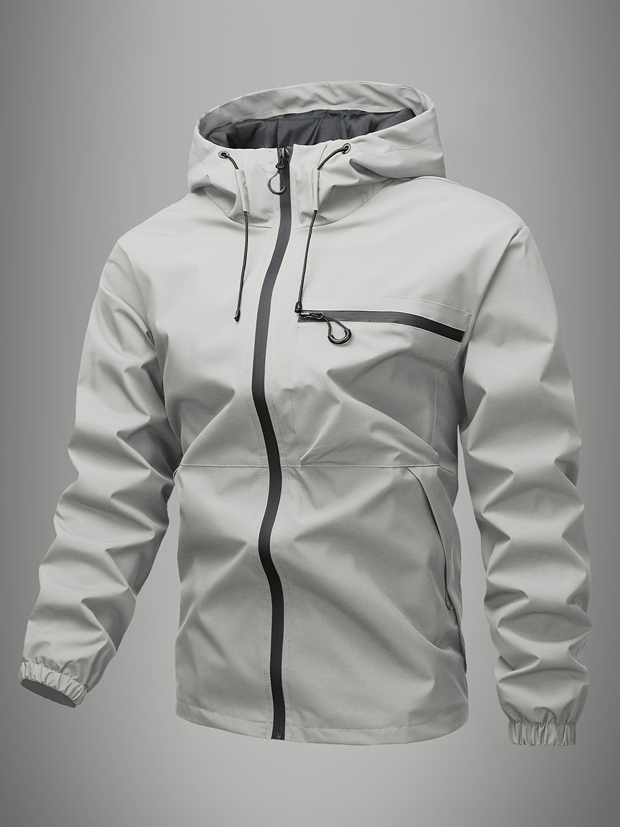 Men's Hooded Windbreaker, Single-layer Thin Design with Diagonal Zipper Chest Pocket, Commuting and Travel Casual Top, Outdoor Hiking Jacket with Zipper Pockets, Techwear Casual Jacket, Suitable for Daily Work Scenarios. - Grey