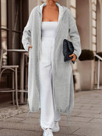 Spring and Autumn European and American Casual Middle Eastern Imitation Small Hoodie | Long Sleeved Double Headed Zipper Open Placket Hooded Hoodie Long Coat - Light Grey