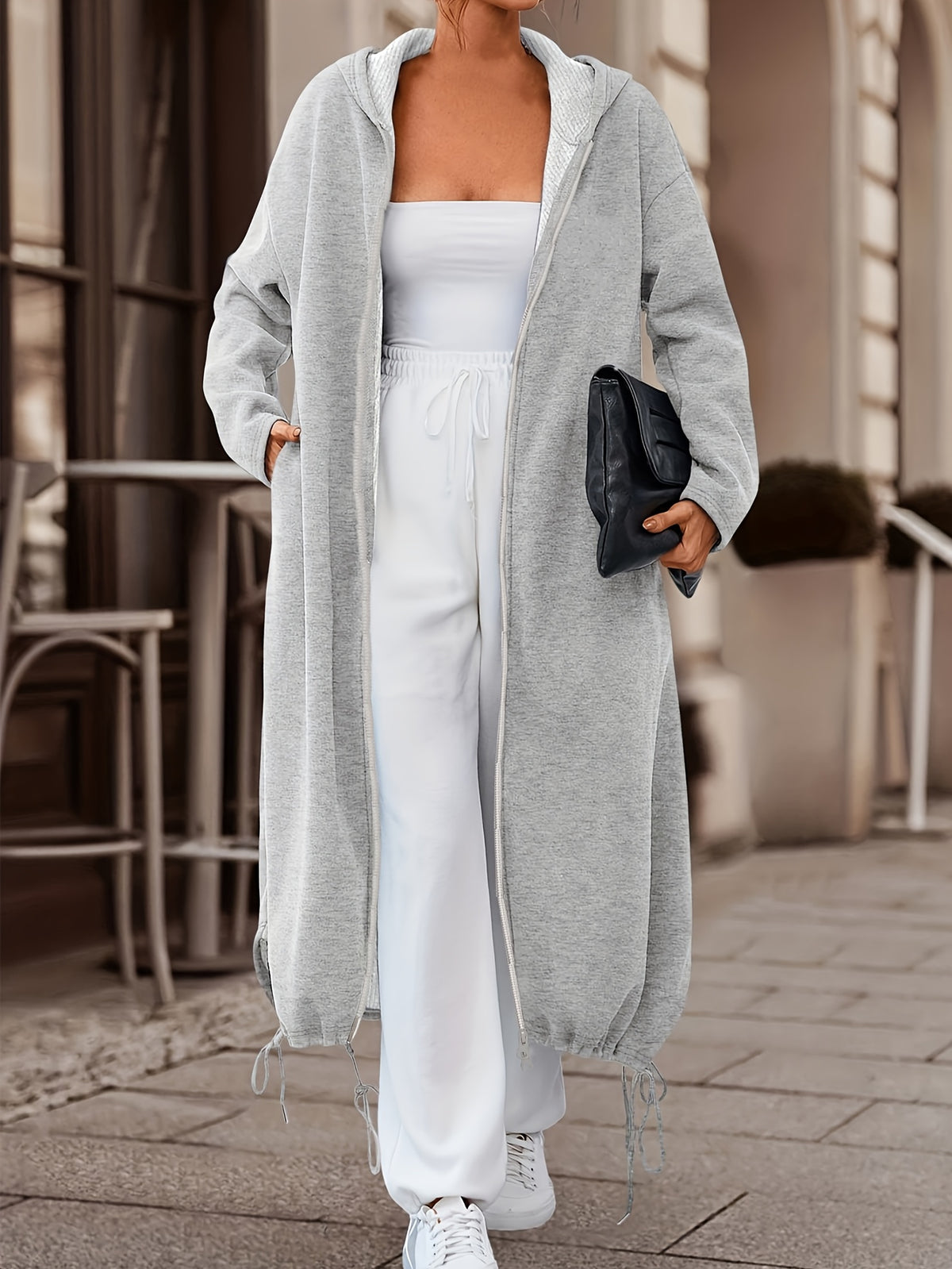 Spring and Autumn European and American Casual Middle Eastern Imitation Small Hoodie | Long Sleeved Double Headed Zipper Open Placket Hooded Hoodie Long Coat - Light Grey