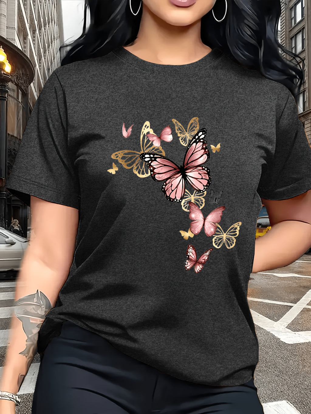 Watercolor Style Butterfly Pattern Print, Fashion Breathable T-Shirt, Family Travel, Campus, Casual, Daily Commute, Sisters' Matching Outfit, Versatile T-Shirt - Dark Gray 1