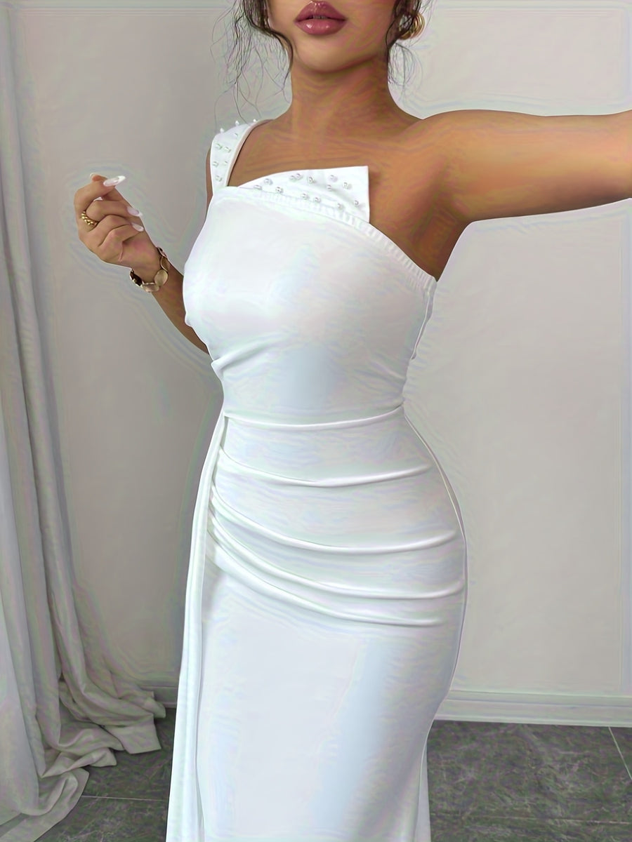 Women's Beaded Pleated Waist Fitted Bridesmaid Dress, Suitable for Dates, Parties, Festivals, Valentine's Day, and Daily Wear - Ivory White