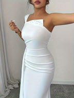 Women's Beaded Pleated Waist Fitted Bridesmaid Dress, Suitable for Dates, Parties, Festivals, Valentine's Day, and Daily Wear - Ivory White