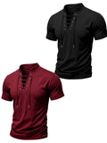 2026 New Men'S Casual Small Lapel Solid Color Short Sleeve, 2pcs Set - Black Wine Red