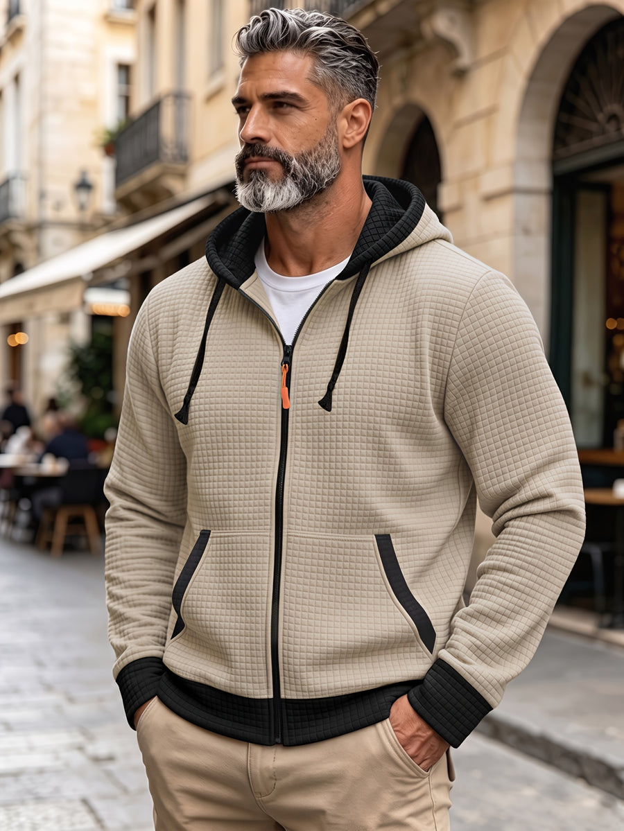 Autumn Winter Men'S Thick Jacquard Long Sleeve Cardigan Hooded Jacket Coat, Fashionable Checkered Jacquard Texture Fabric Comfortable, Suitable for Daily Outings, Outdoor Sports, Travel, And Vacation, Lightweight Comfortable Regular Fit - Khaki