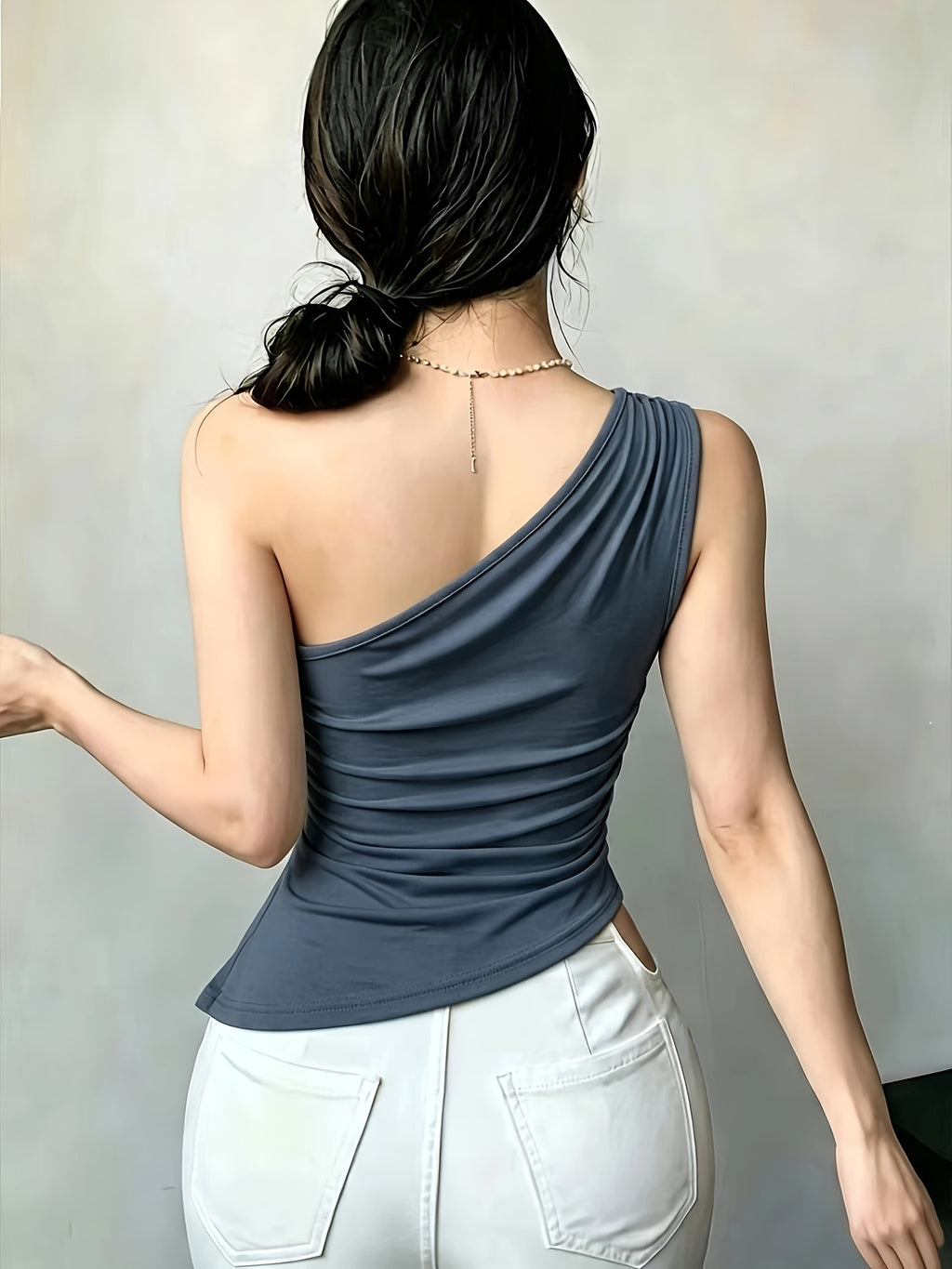 YY260317030 Women'S Asymmetrical Hem Pleated Waist Casual Top - Navy Color