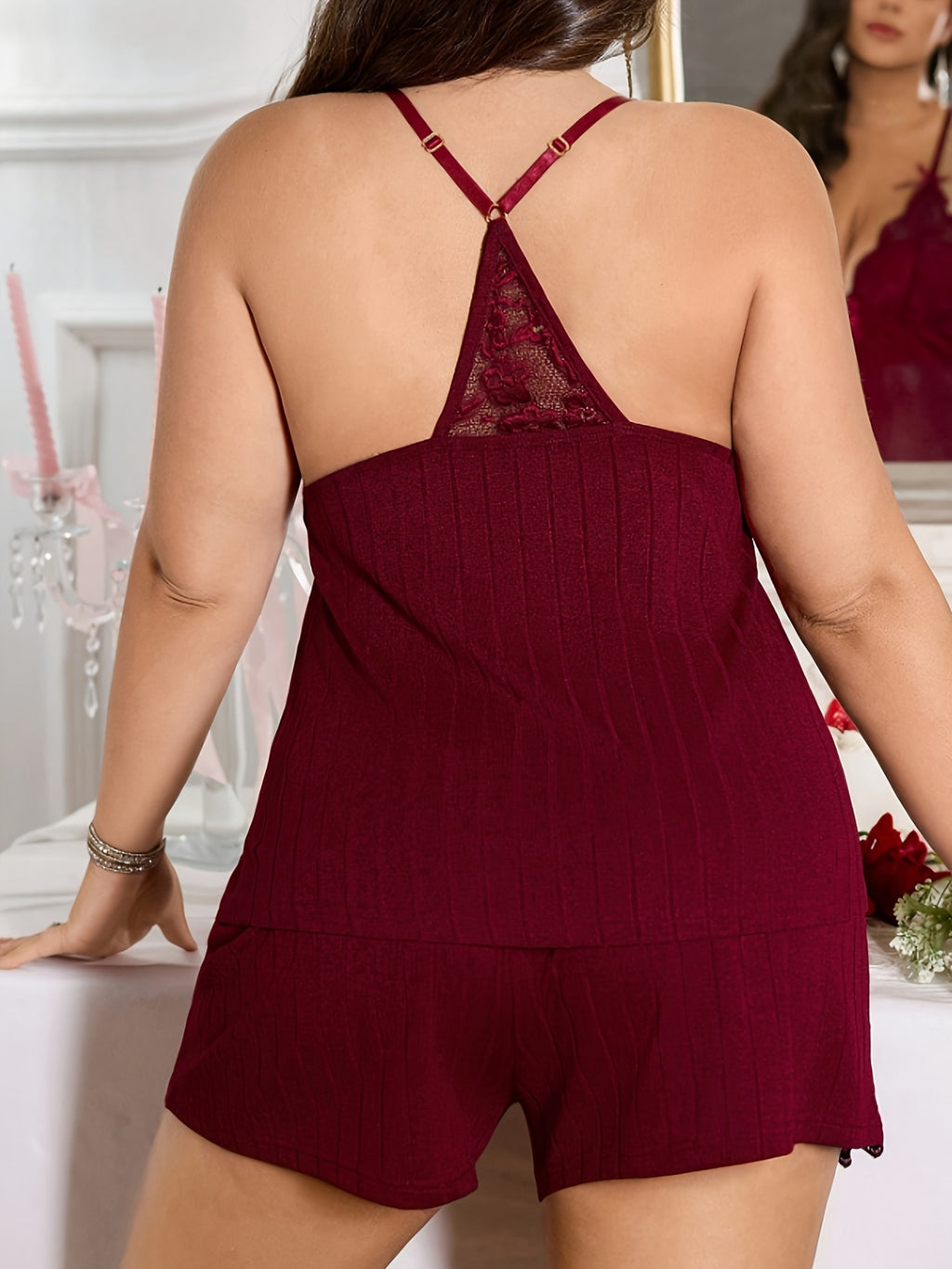 Large Size Women's Brick Red Lace Camisole Pajama Set with Bow Decoration Sexy Shorts 2pcs Set with European and American Style Slim Fit Home Plus Size Home Clothes Easter Mother's Day Thoughtful Gift - Brick Red