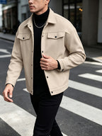 Autumn Winter Men'S Short Jacket Loose Lapel Cargo Coat Youth Solid Color All-Match Casual Top - Apricot