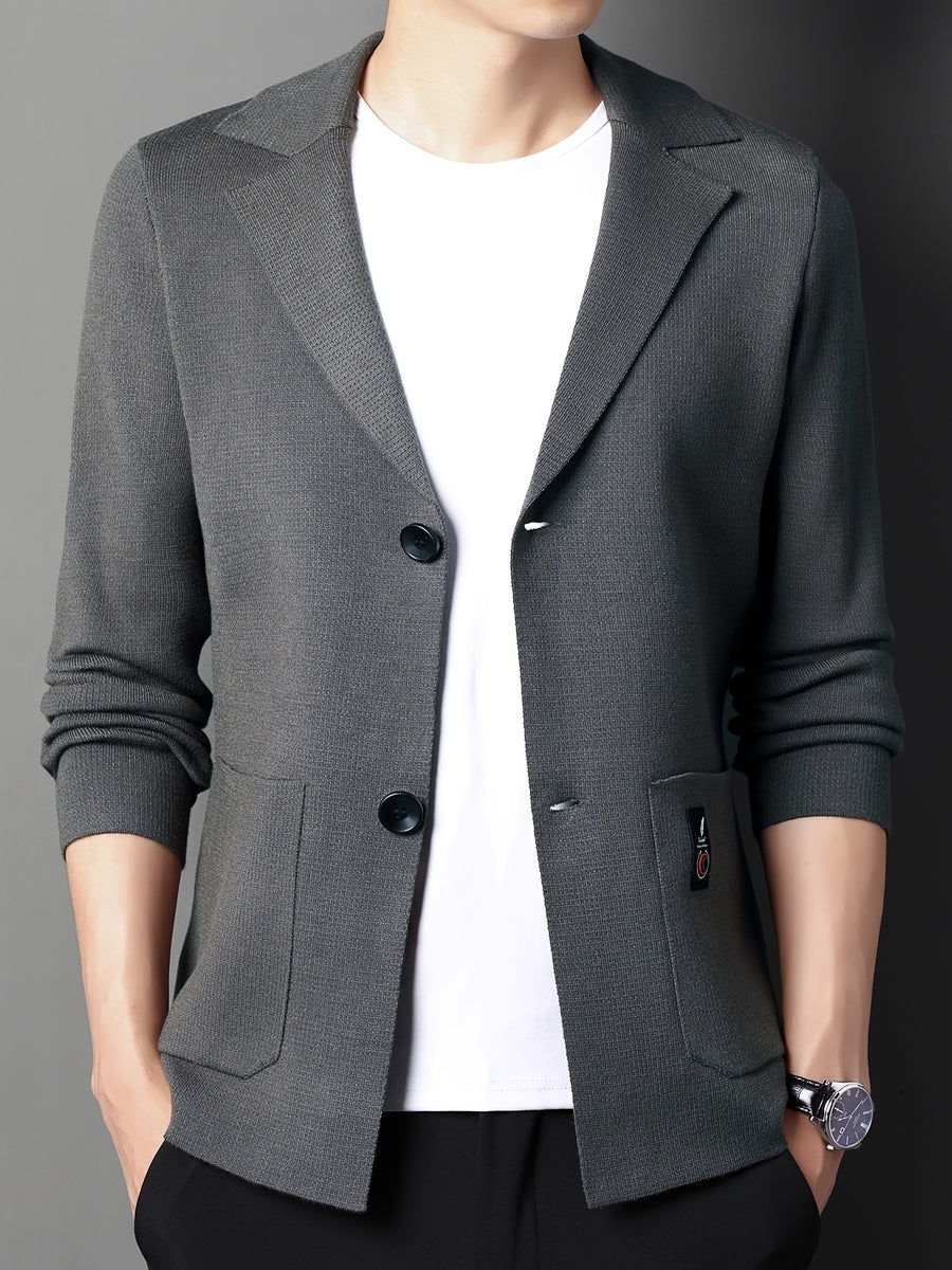 Du Jing Lan OBM New Spring/Summer Men's Knit Cardigan, Old Money Style Solid Color Suit Lapel Long Sleeve Open Front Knit Cardigan, Men's Business Casual Fashion Single-Breasted Ribbed Sweater Jacket with Side Pockets, Suitable for Layering - Dark Gray