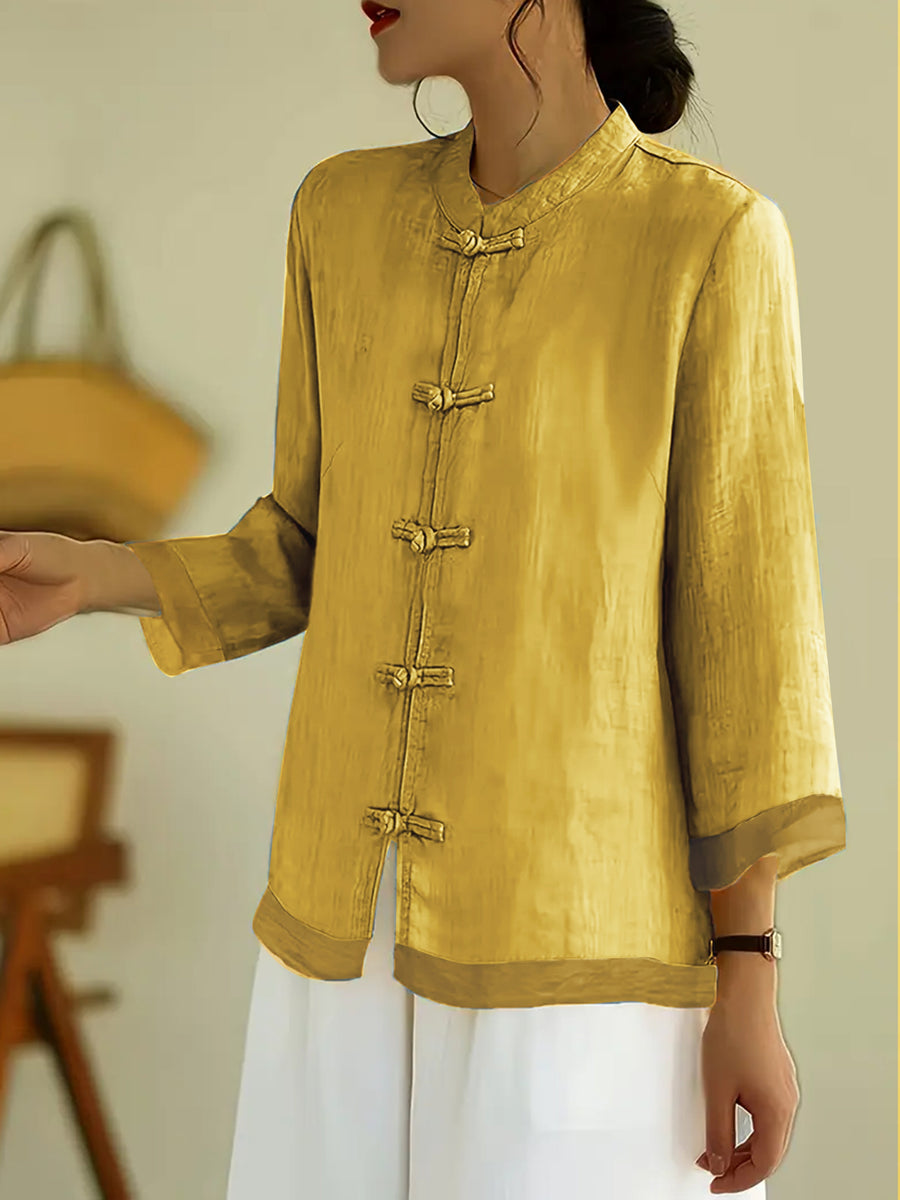 Fashionable Vintage-Style Chinese Shirt with a Stand Collar, Featuring Button Closures And Mesh Panels, Designed for a Loose And Comfortable Fit for Women - Yellow