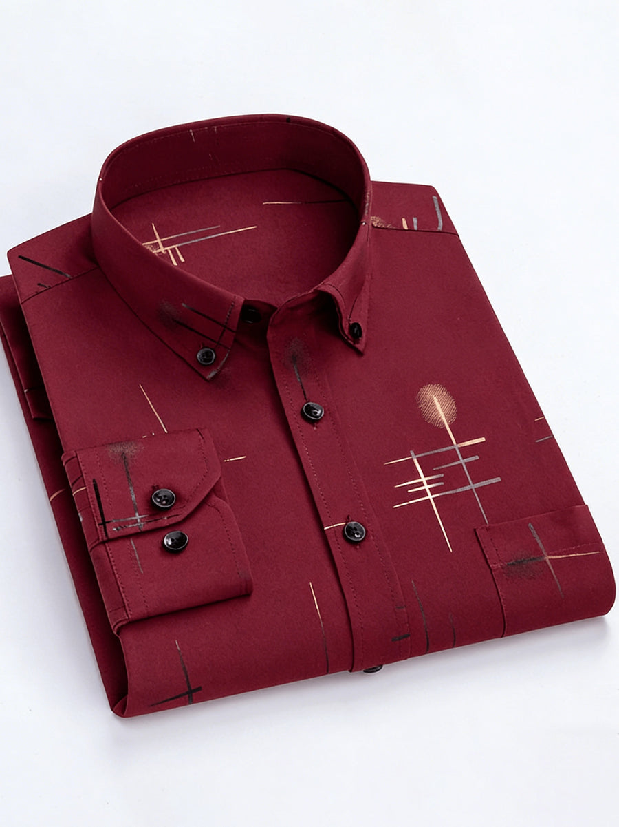Men'S Long-Sleeve Shirt with Bronzing Print, Business Casual Wrinkle-Resistant Shirt, Light Luxury Versatile Top for Middle-Aged And Young Men - Burgundy