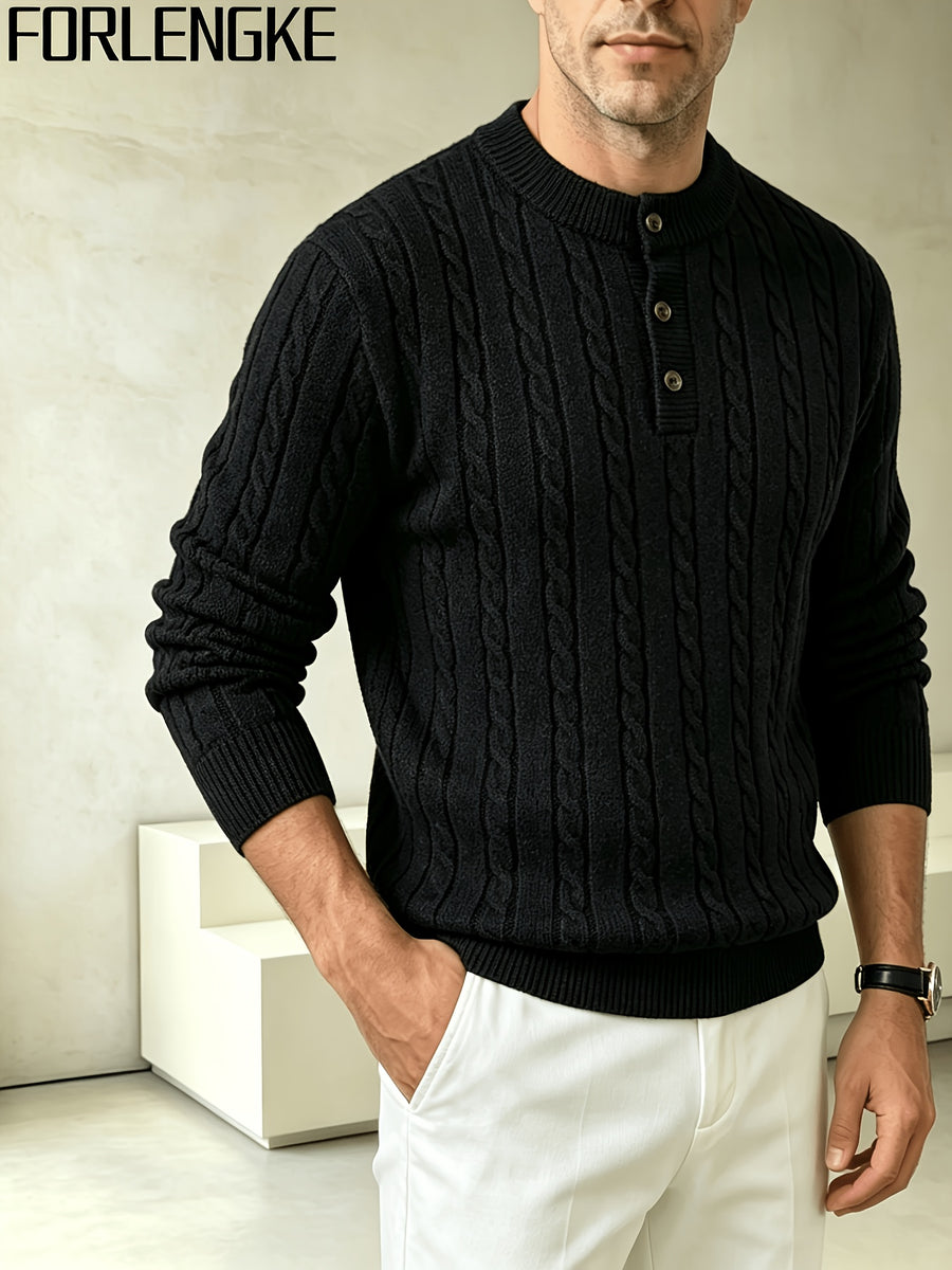 FORLENGKE Men's Stretchable Henley Sweater Button-Front Collar Pullover - Solid Color Cable Knit Sweater Suitable for Work & Gatherings, Winter Warmth, Casual Round Neck Button Detail Knitwear for Young Men, Dry Cleanable - Black