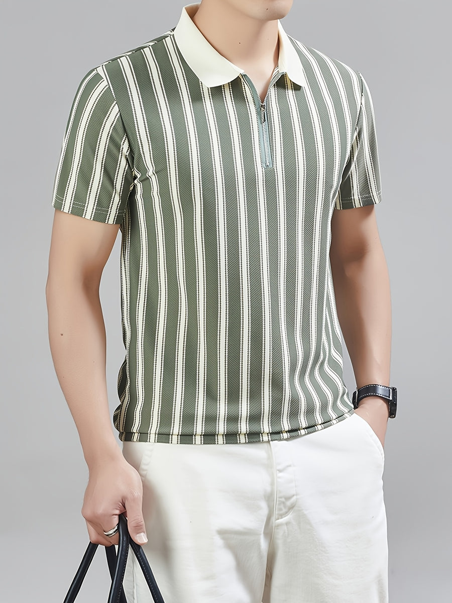 [Star Prosperity Selection] Summer Men'S Lapel Polo Shirt, Trendy Fashionable All-Match Zipper Striped Top, Business Casual Short Sleeve T-Shirt, Suitable for Daily Work Scenarios - Green