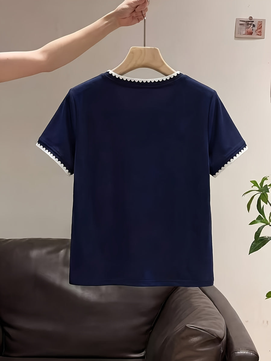 XXFL Directional Style Summer Regular Shoulder V-Neck Color-Block Fashion Versatile Short-Sleeve Top T-Shirt - Navy Color