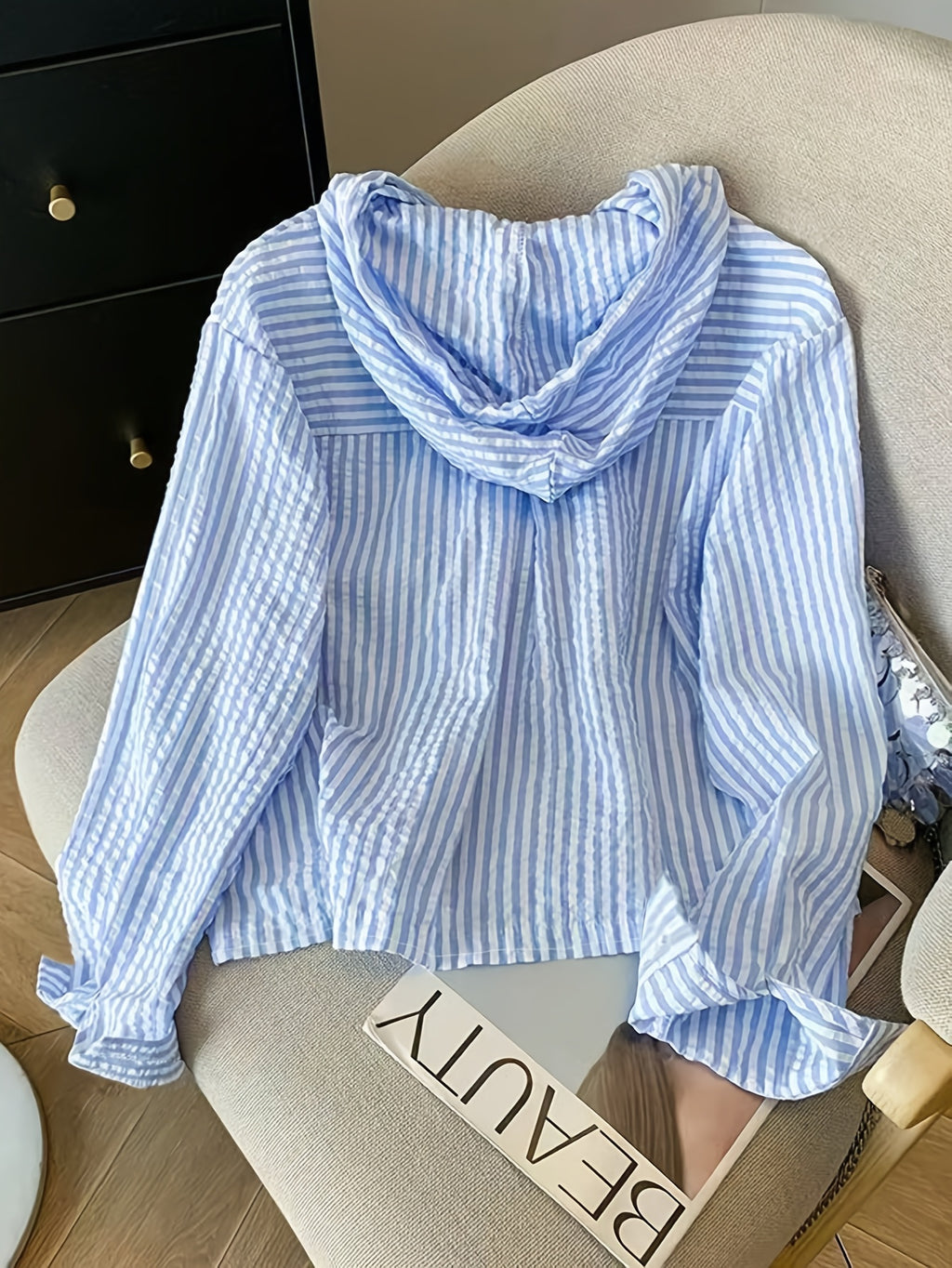 New Women's Vertical Stripe Loose Hoodie, Women's Casual Shirt for Summer, Suitable for Spring and Autumn Daily Casual Outings, Women's Pocket Shirt, Summer Hooded Shirt - Blue