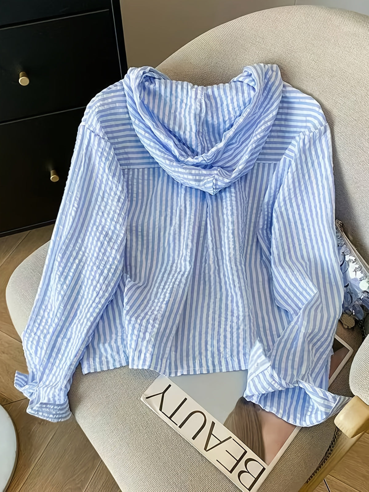 New Women's Vertical Stripe Loose Hoodie, Women's Casual Shirt for Summer, Suitable for Spring and Autumn Daily Casual Outings, Women's Pocket Shirt, Summer Hooded Shirt - Blue