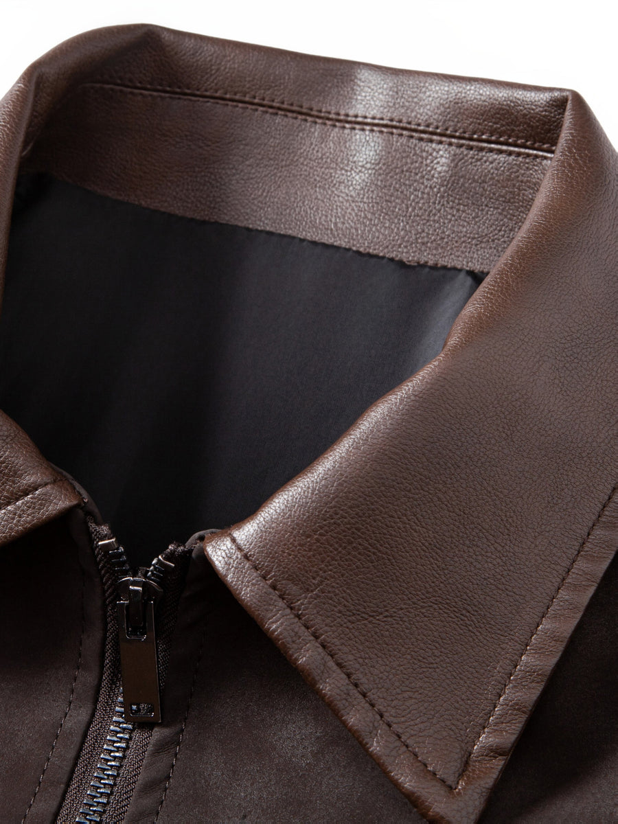 Men's Vintage Patchwork Outerwear, Notched Lapel Suedette-Look Zipper Baseball Jacket with Suedette Contrast Trim on Collar, Pockets, and Cuffs, Autumn/Winter Daily Warm Short Coat - Coffee Color