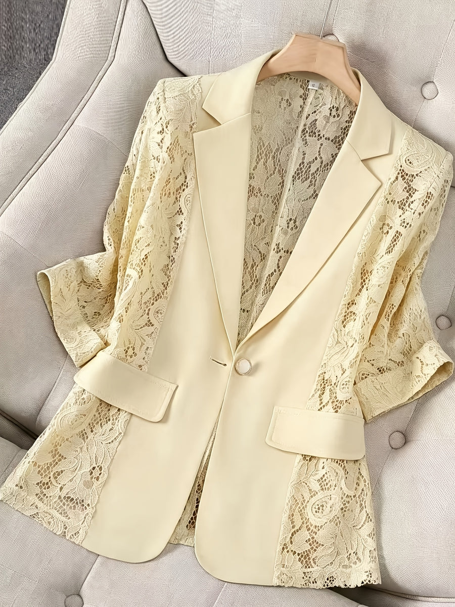 Women'S Thin Patchwork Lace Lightweight Suit Design Casual Temperament Three-Quarter Sleeve Casual Lapel Suit Top - Yellow