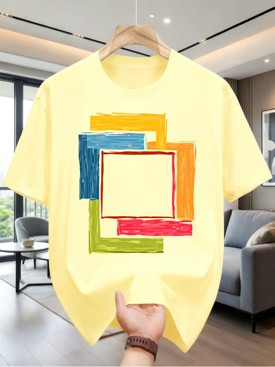 2026 Men'S Casual Short Sleeve T-Shirt with Hand-Painted Multi-Color Square Pattern Design - Summer Round Neck Tee Suitable for Beach, Picnic, And Casual Wear - Hand Washable Art Top, Regular Fit, 100%, Machine Washable, Sizes S-2XL - Apricot