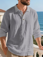 [Pearson OBM] Men'S Casual Fashion Breathable Soft Linen Texture Fabric Anti-Wrinkle Versatile Suitable for Daily Work Commuting Island Vacation Light Business Men'S Shirt - Grey