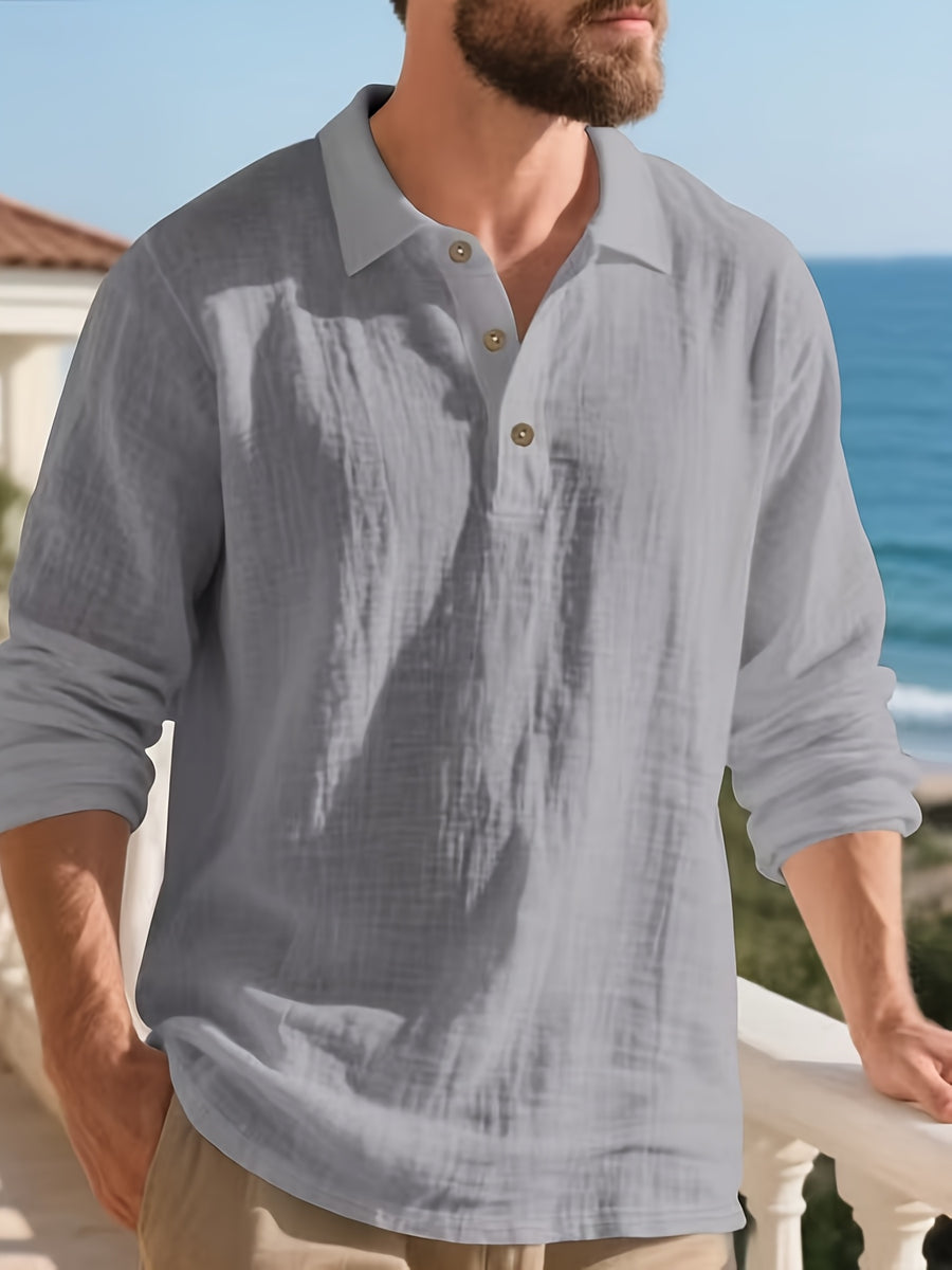 [Pearson OBM] Men'S Casual Fashion Breathable Soft Linen Texture Fabric Anti-Wrinkle Versatile Suitable for Daily Work Commuting Island Vacation Light Business Men'S Shirt - Grey
