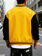 Men's Trendy Baseball Jacket with New York Style NY Letter Graphic Design - Contrast Sleeve Color Block Style - Button Closure with Stretchable Fabric, Versatile and Comfortable Jacket for All Seasons - Suitable for Outdoor Travel, Sports, and Friend - Bright Yellow