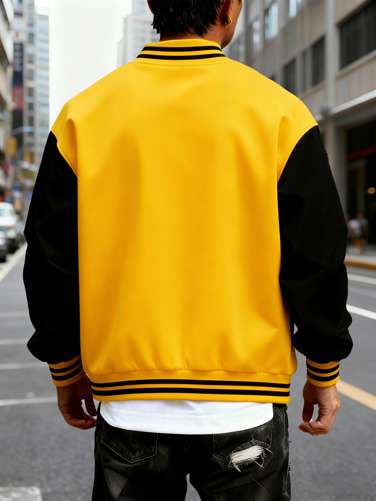 Men's Trendy Baseball Jacket with New York Style NY Letter Graphic Design - Contrast Sleeve Color Block Style - Button Closure with Stretchable Fabric, Versatile and Comfortable Jacket for All Seasons - Suitable for Outdoor Travel, Sports, and Friend - Bright Yellow
