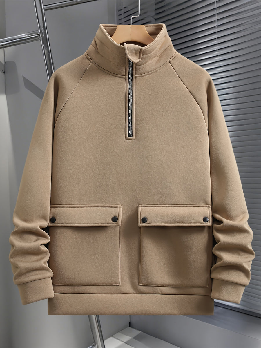 Men's Fashion Raglan Sleeve Sweatshirt with Half-Zip Open Neckline, Autumn/Winter Casual Versatile Long-Sleeve Sweatshirt - Khaki